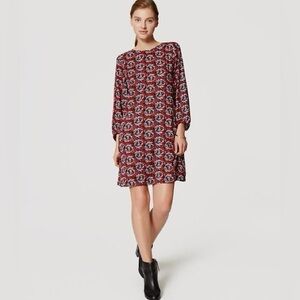 LOFT Floral Print Long Sleeve Mini Shift Dress Red Size Small